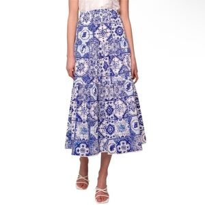 Ivy City Co 100% Cotton Blue and White Tile Rosina Ankle Maxi Skirt